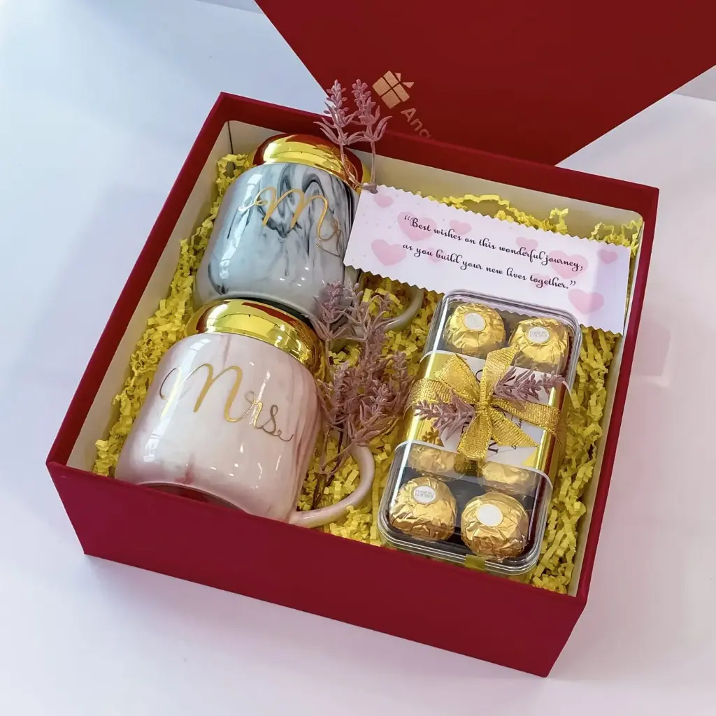 Congratulatory gift for newly married couple With Couple Mug Set And Chocolates