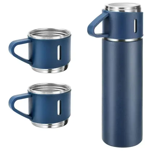 Stainless steel insulated vacuum flask gift set includes 3 travel cup lids (personalized) x 10 packs